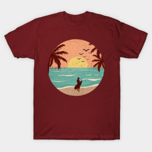 Retro Beach Scene at Sunset with Surfer T-Shirt